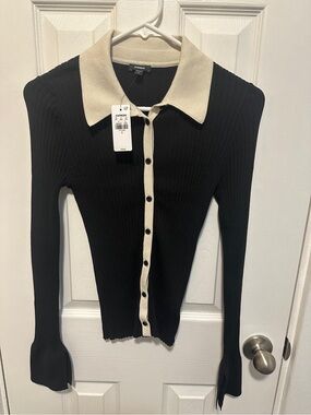 Express Size S Black Contrast Collar Ribbed Cardigan NWT